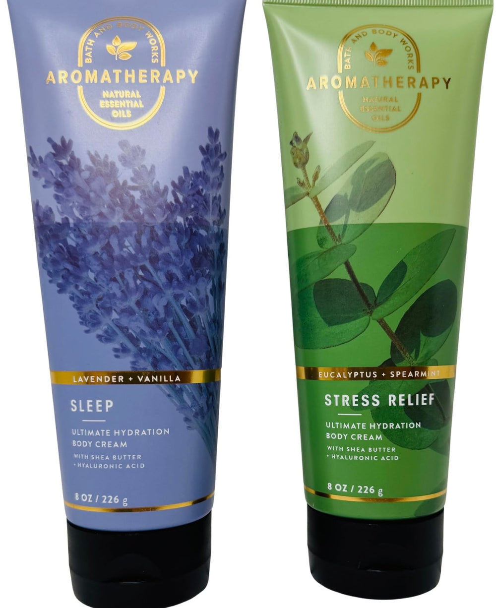 Bath & Body Works Aromatherapy eucalyptus-spearmint-vanilla two-pack body cream for deeply hydrated skin.