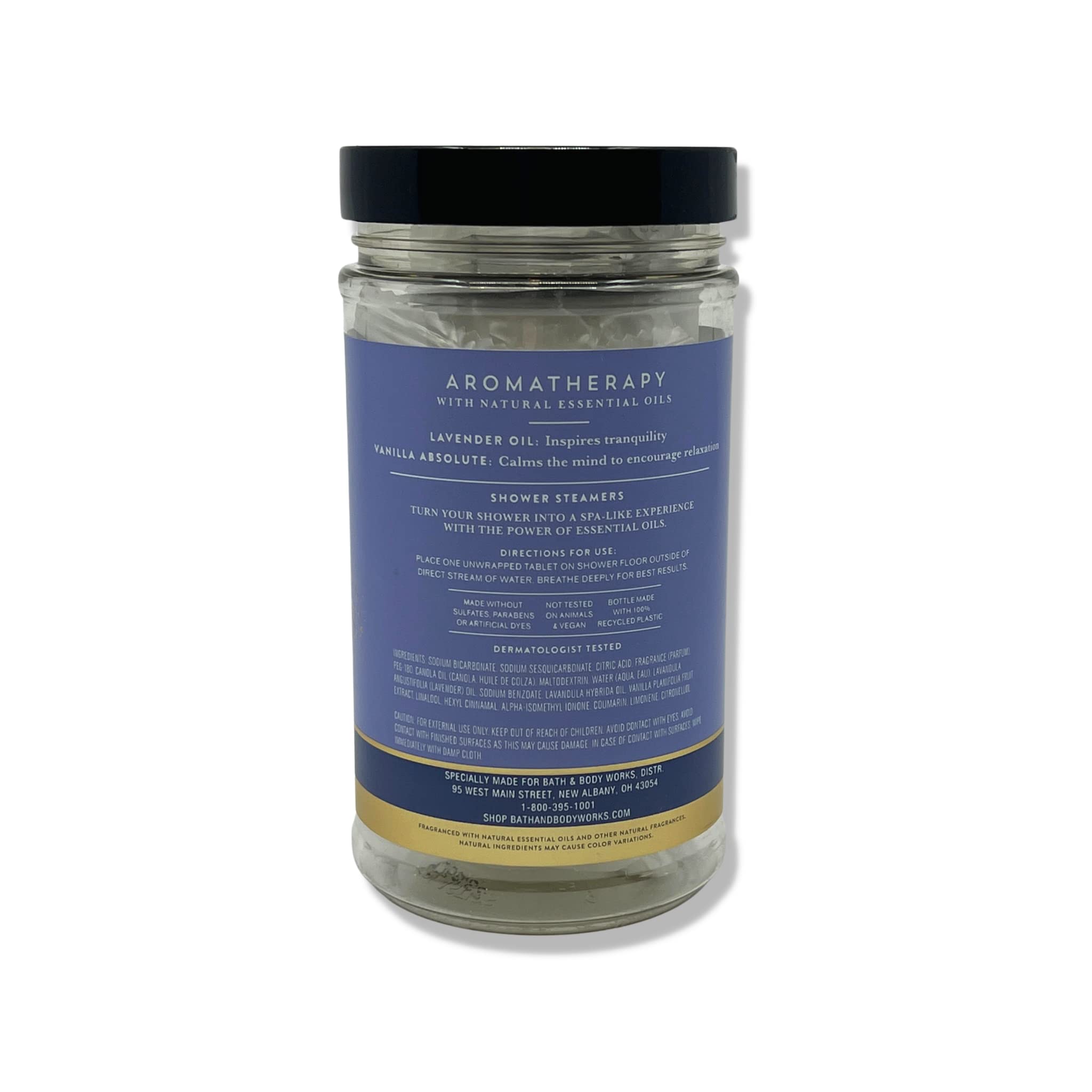 Bath and Body Works Lavender Vanilla label closeup highlighting calming fragrance
