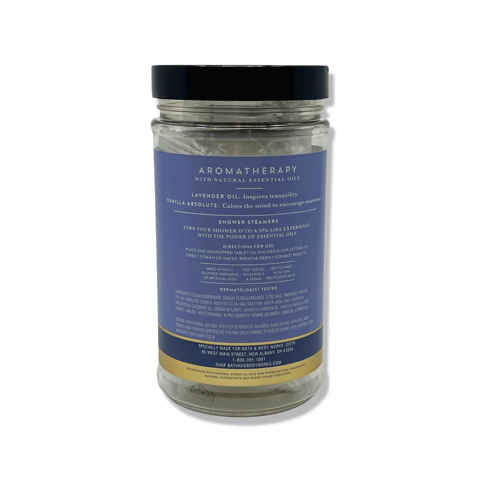 Bath and Body Works Lavender Vanilla label closeup highlighting calming fragrance