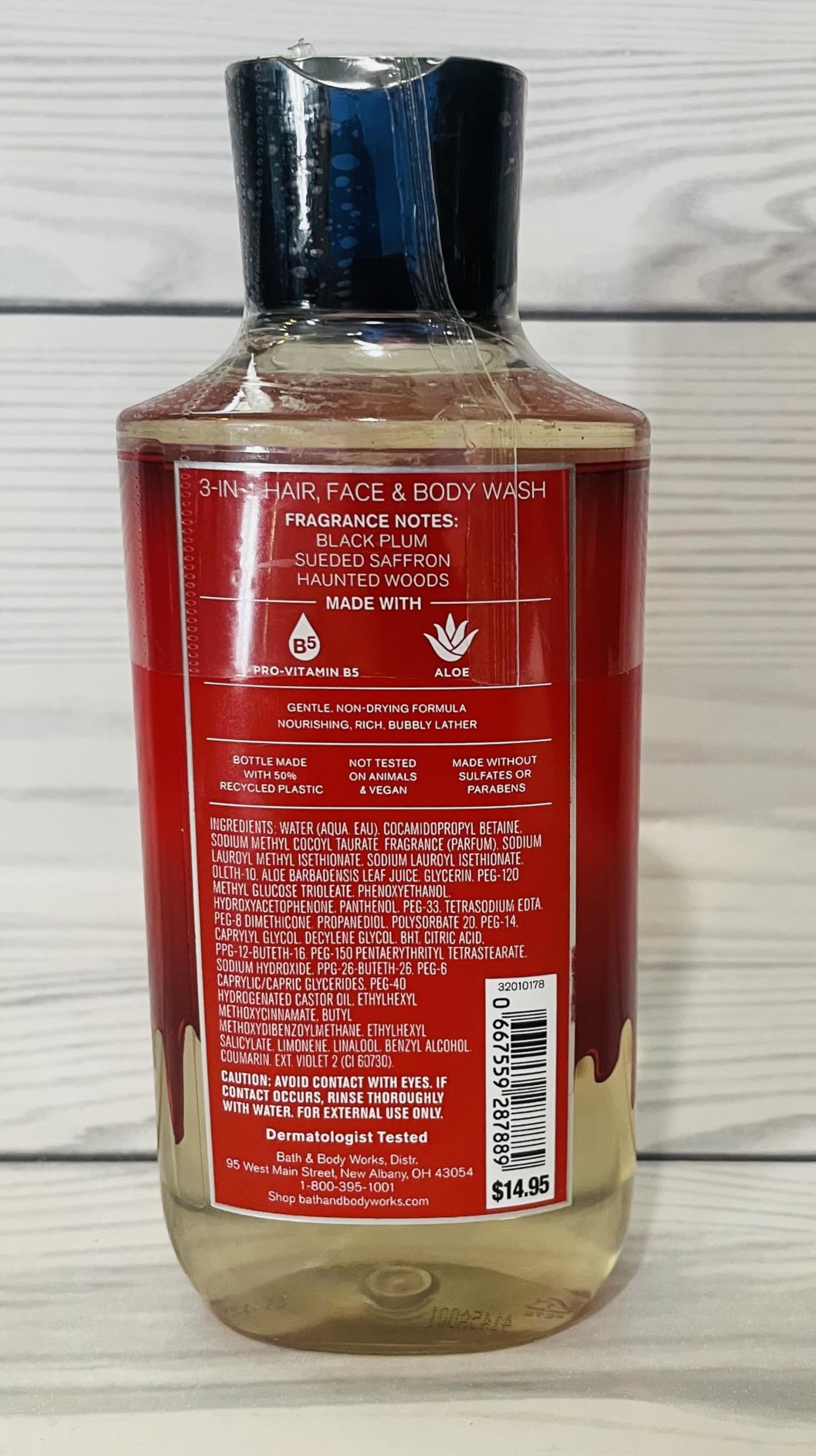 Bath & Body Works Immortal ingredients label shows Pro-Vitamin B5 and Aloe for gentle cleansing.