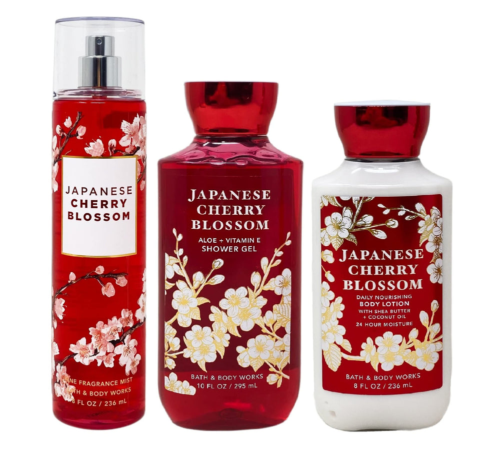 Bath & Body Works Japanese Cherry Blossom trio—shower gel, mist, lotion for long-lasting fragrance.