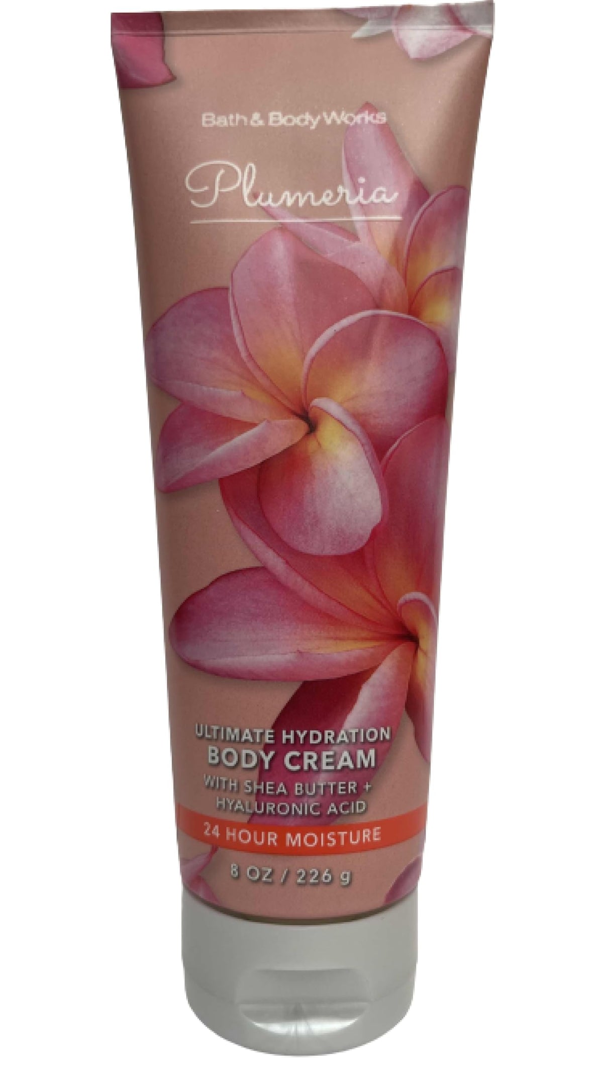 Bath and Body Works Plumeria Ultimate Hydration Body Cream jar opened for rich moisture and floral fragrance.
