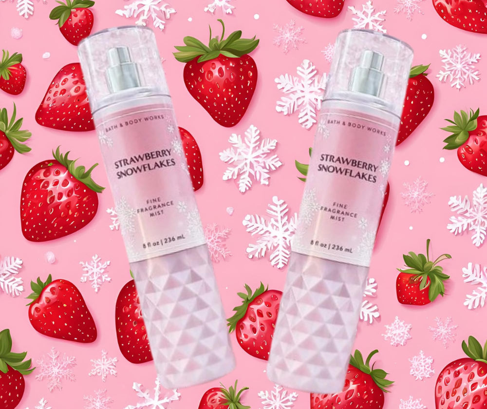 Bath & Body Works Strawberry Snowflakes label detail emphasizes premium fragrance notes