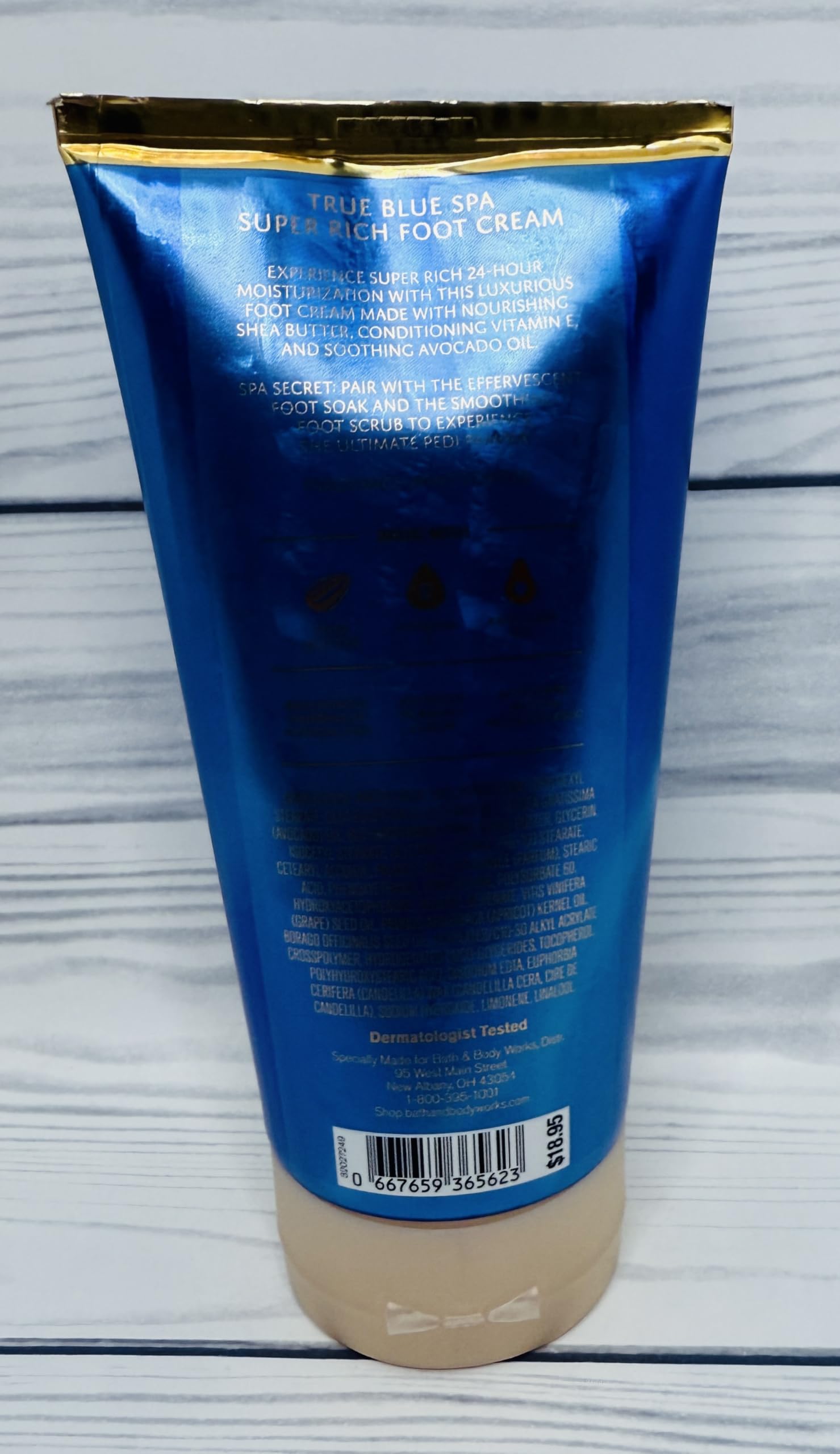 Bath and Body Works True Blue Spa foot cream jar side view showing rich texture.