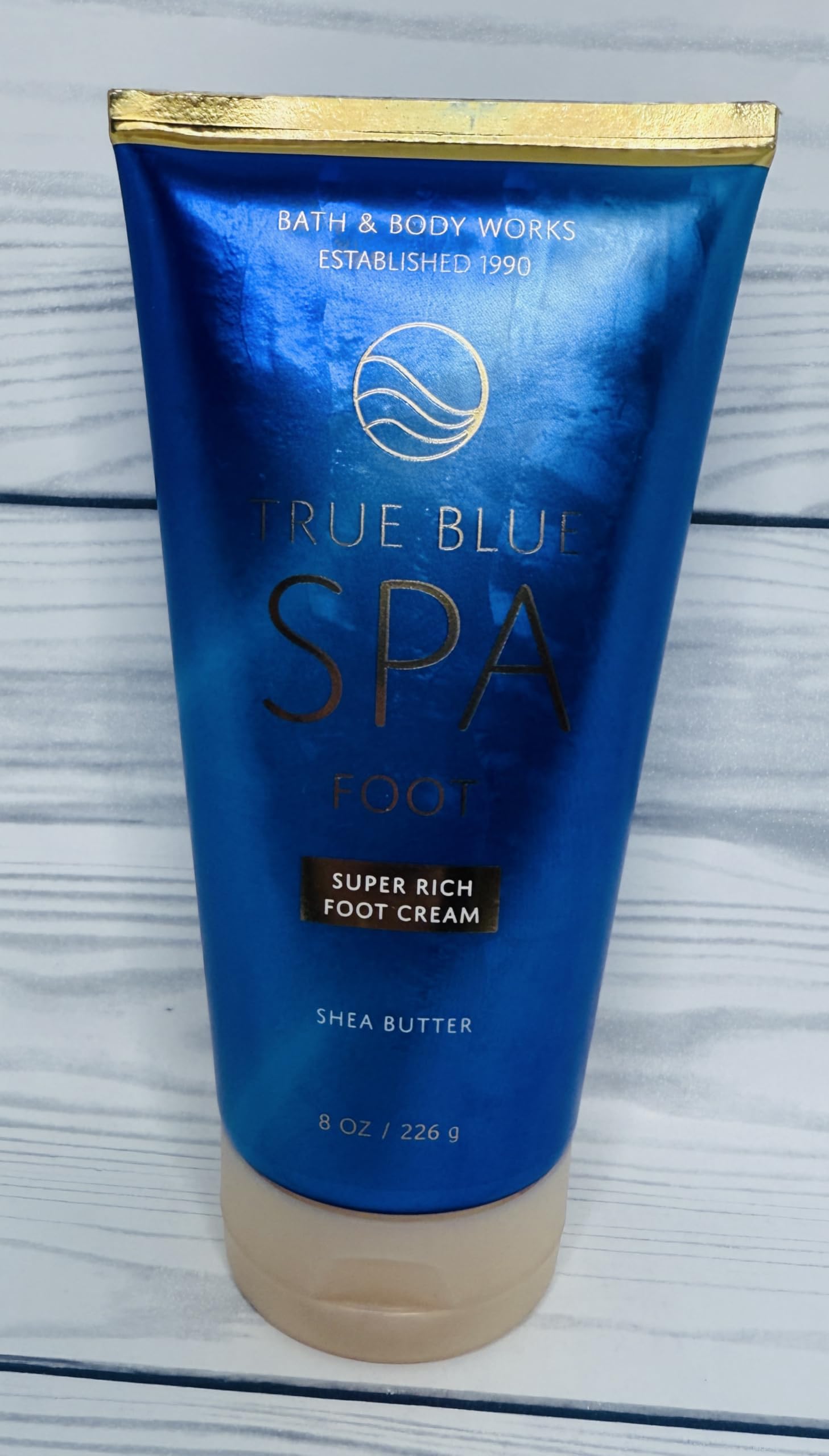 Bath and Body Works True Blue Spa foot cream texture close-up highlights shea butter.