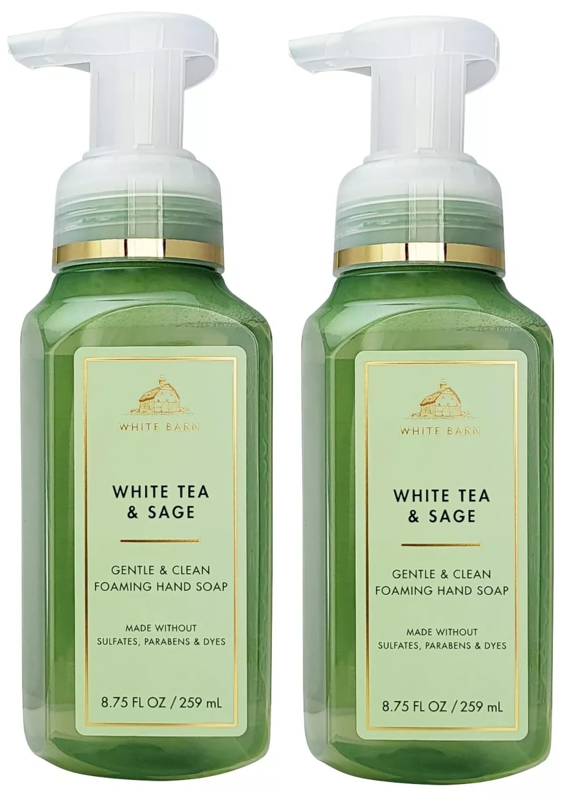 Bath & Body Works White Tea & Sage foaming hand soap bottle promotes gentle cleansing with fresh scent.