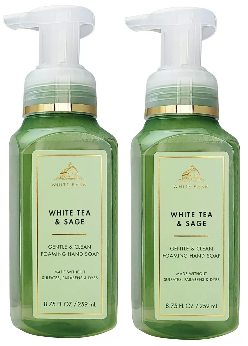 Bath & Body Works White Tea & Sage foaming hand soap bottle promotes gentle cleansing with fresh scent.
