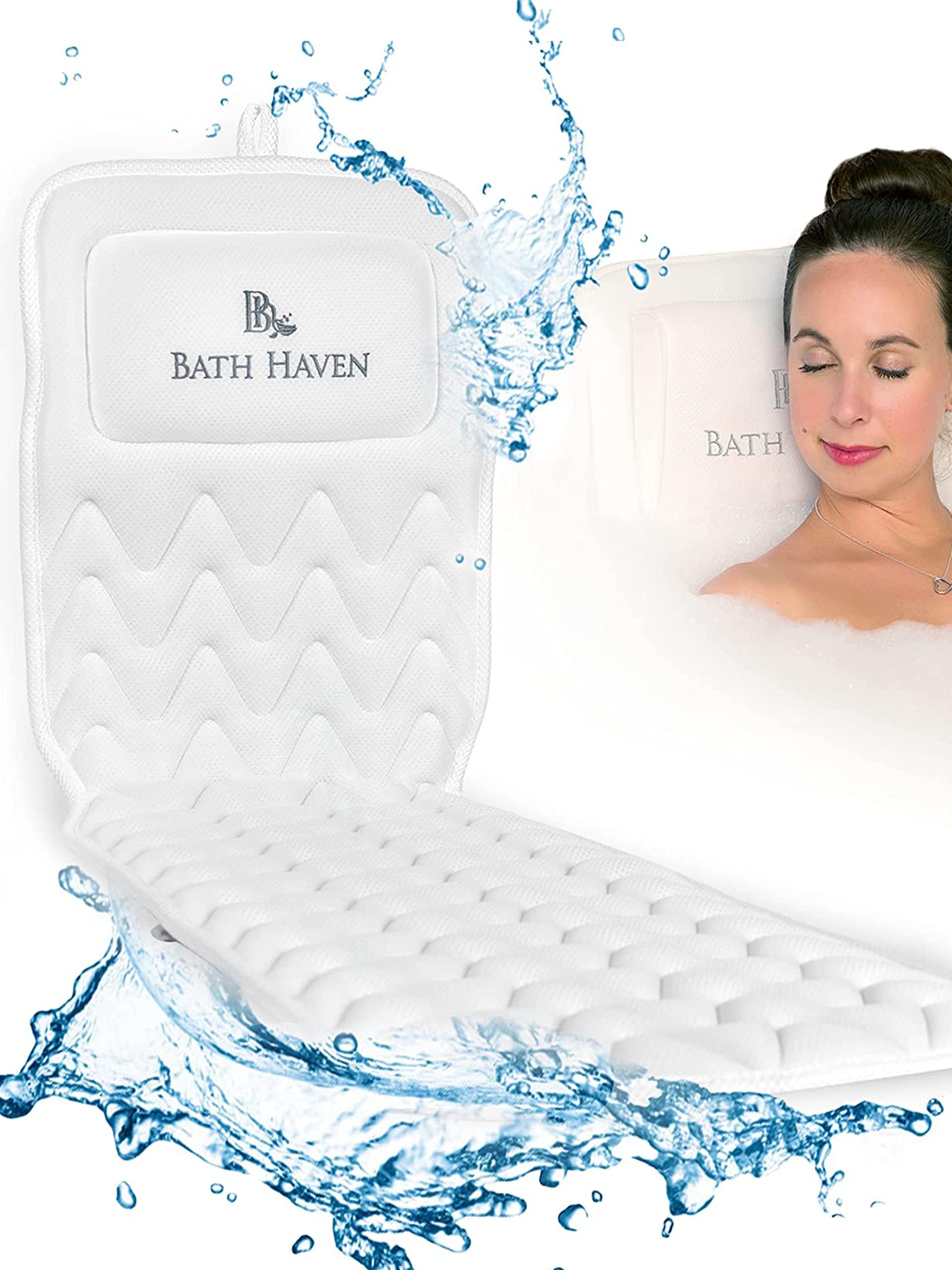 Bath Haven bath pillow in-use in tub demonstrates spa-like support