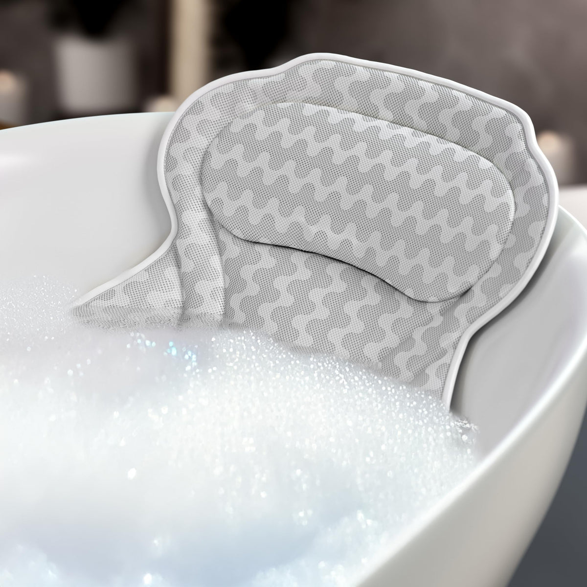 Bath Haven bath pillow side view with secure suction cups for steady support.