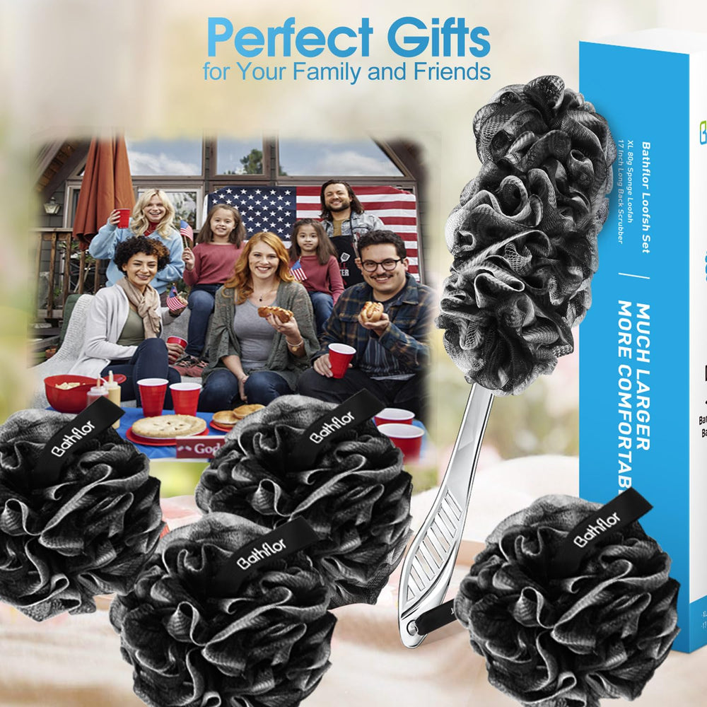 Bathflor charcoal loofah closeup hints oil-removal cleansing benefits.