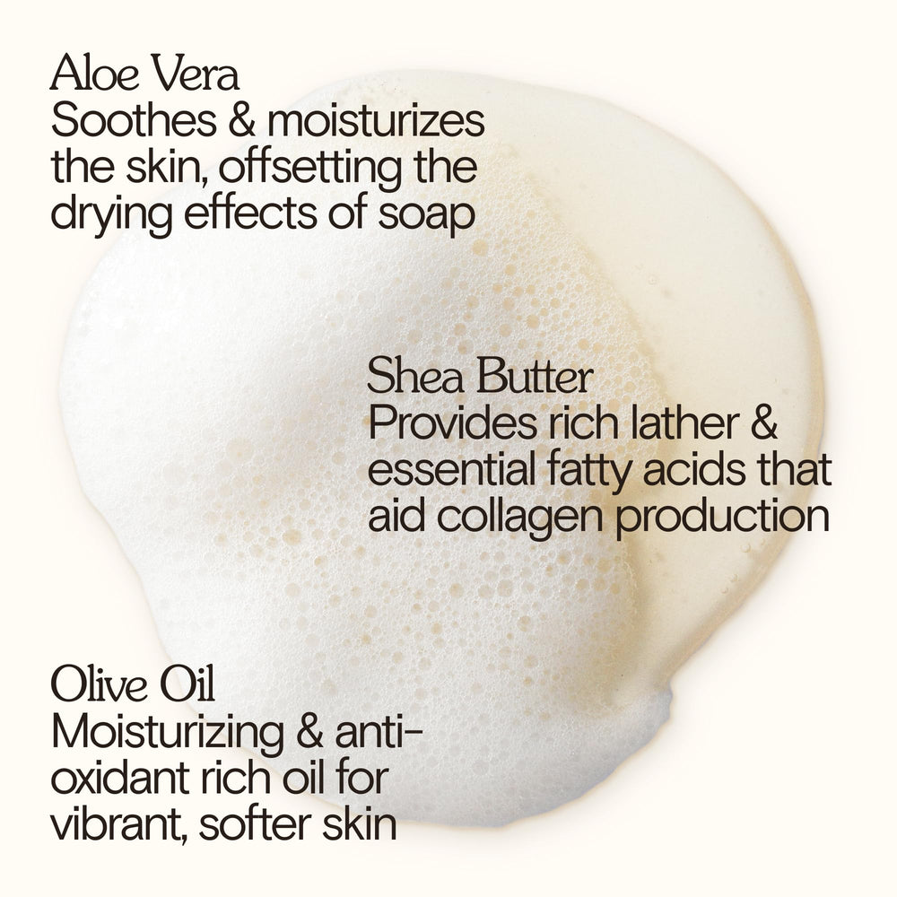Bathing Culture organic body wash ingredients highlight aloe, shea, and olive oil.