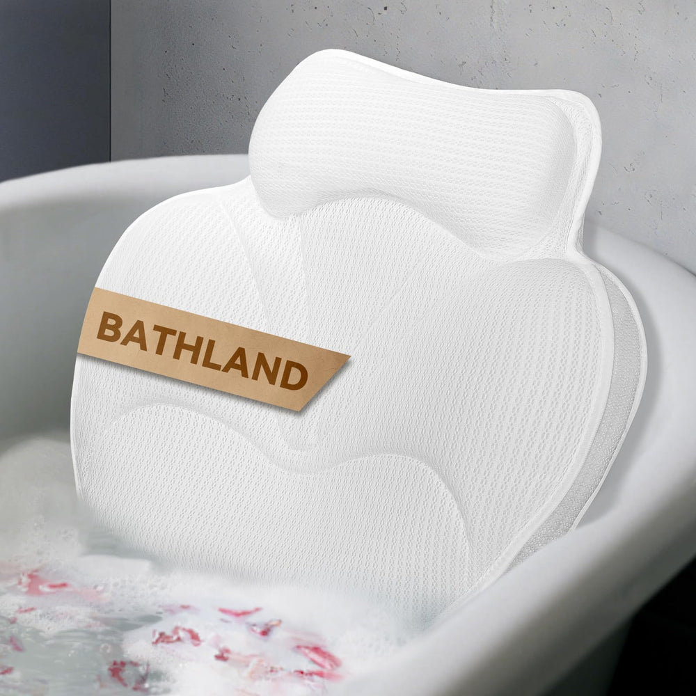 Bathland bath pillow shows large ergonomic fit for comfortable tub lounging