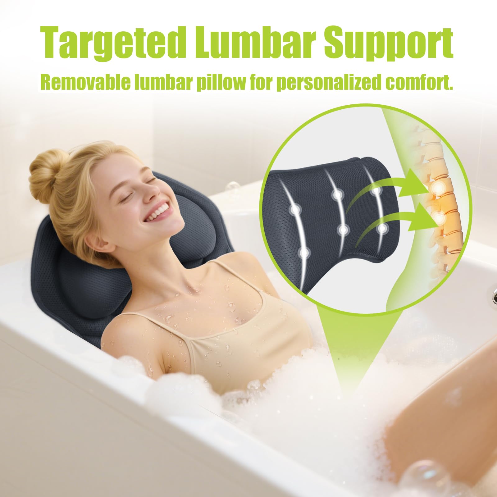 Bathland Full Body Bath Pillow 168-suction-cups secures a steady, slip-free soak.