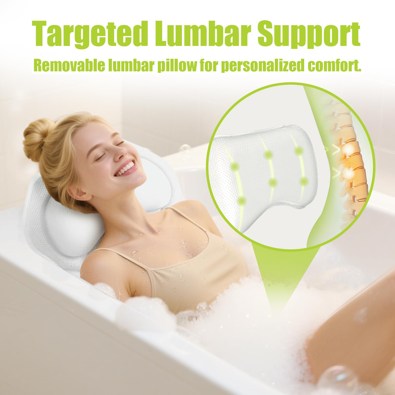Bathland full body pillow lumbar support eases tension during baths.