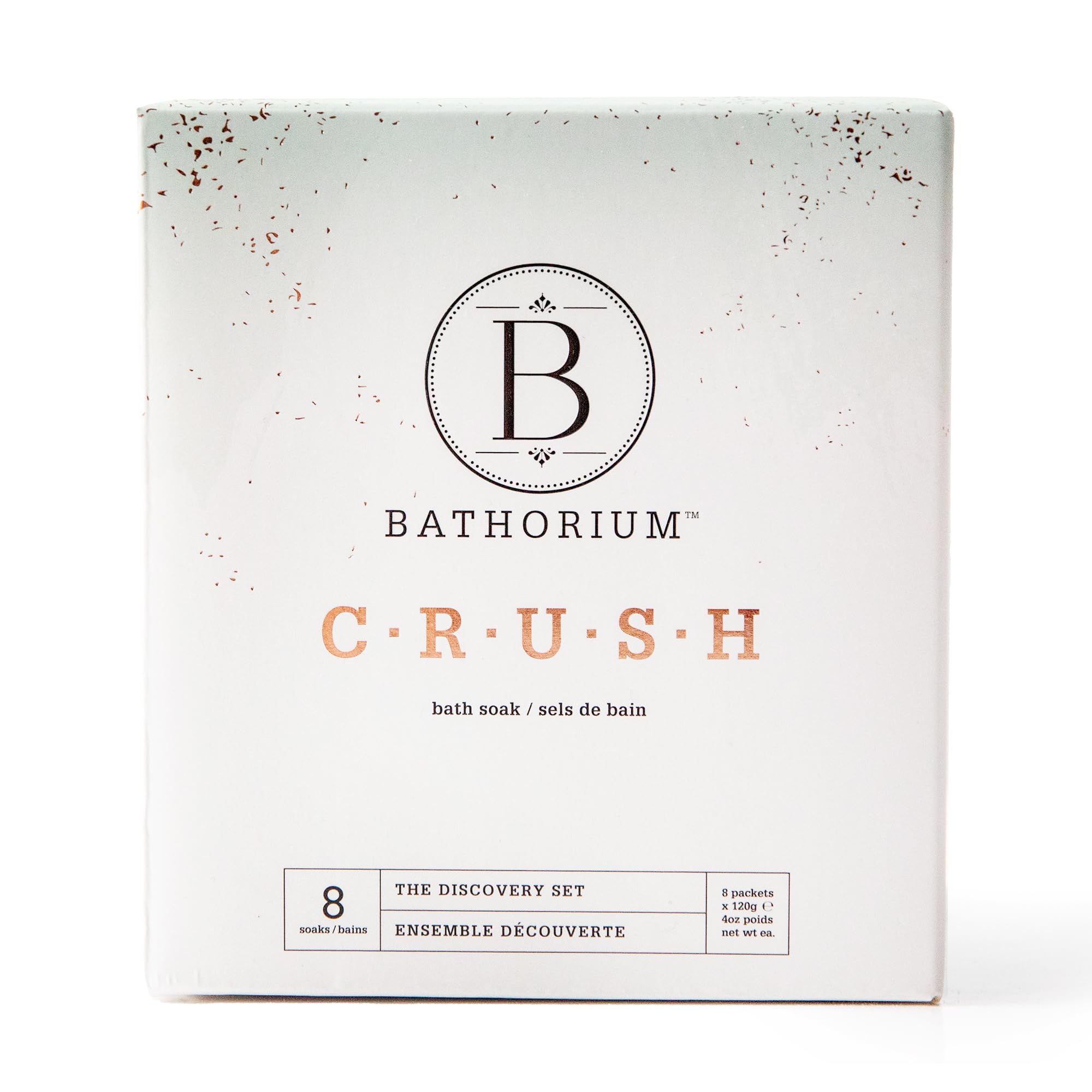 Bathorium Crush 8-Pack Discovery Set box front, showcasing premium bath soaks for a luxurious soak
