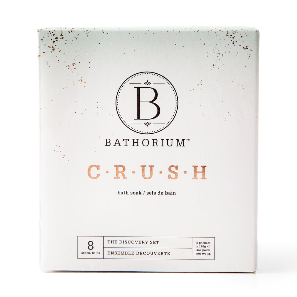 Bathorium Crush 8-Pack Discovery Set box front, showcasing premium bath soaks for a luxurious soak