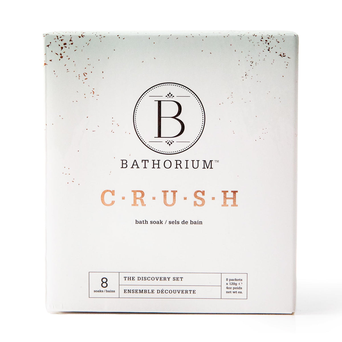 Bathorium Crush 8-Pack Discovery Set box front, showcasing premium bath soaks for a luxurious soak