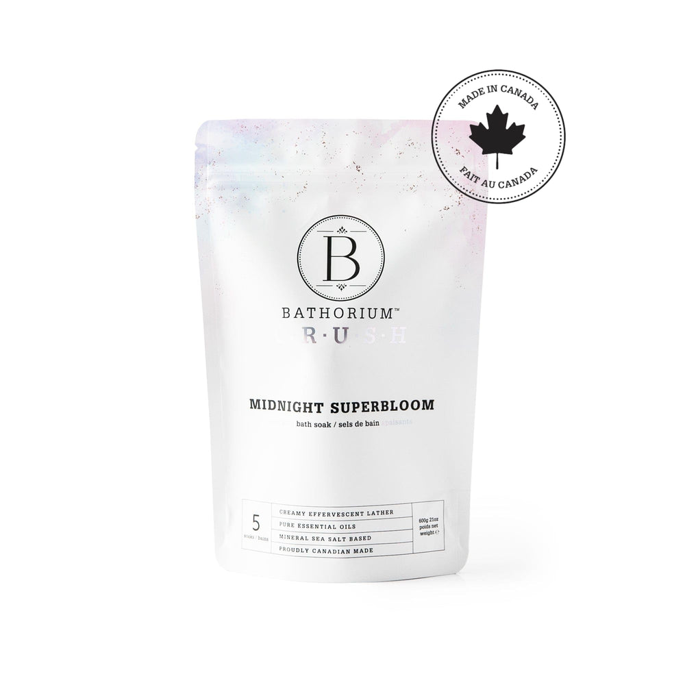 Bathorium Midnight Superbloom Crush butterfly-pea-flower creates violet bath color for a soothing soak.