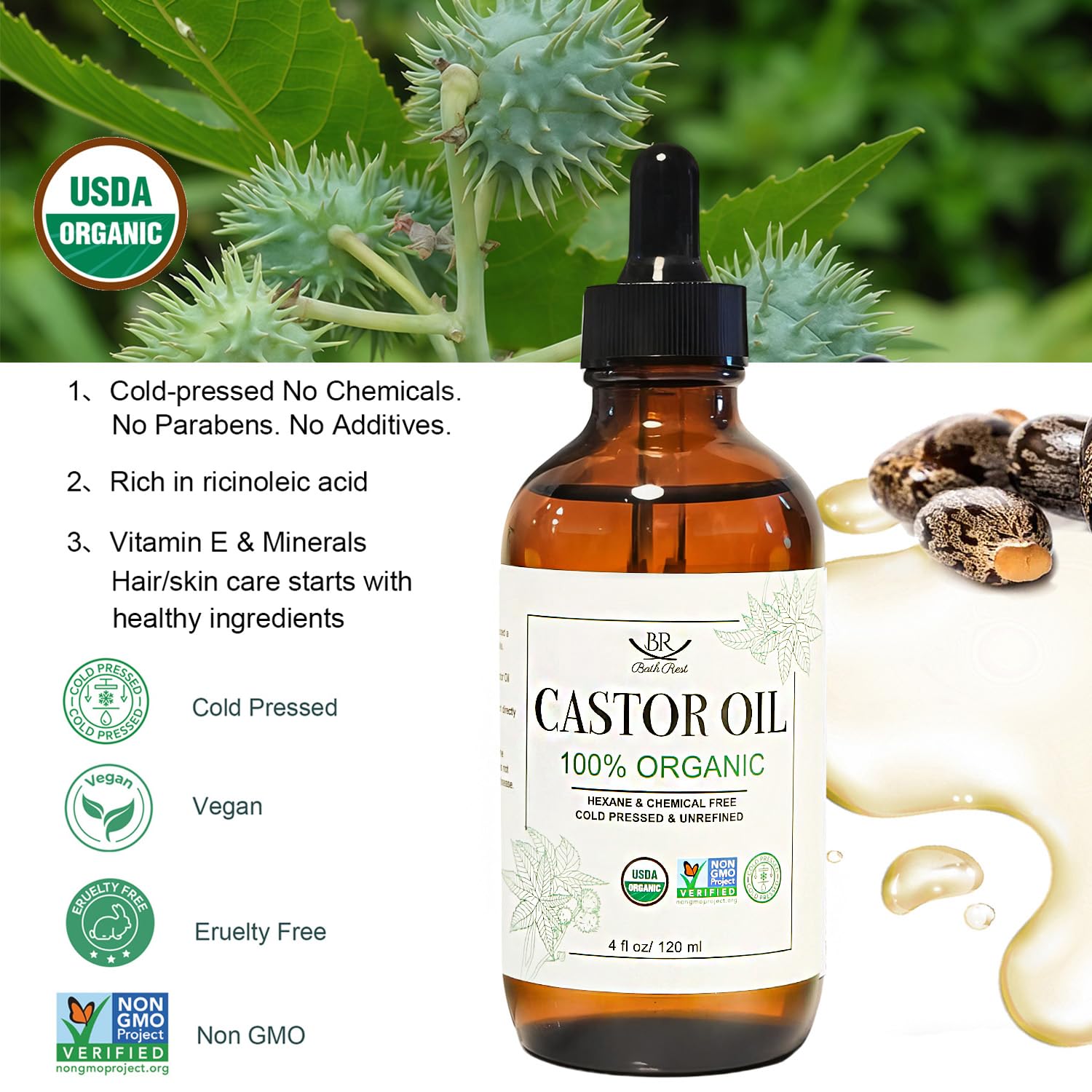Bathrest cold-pressed hexane-free castor oil signals purity for skin and hair care.