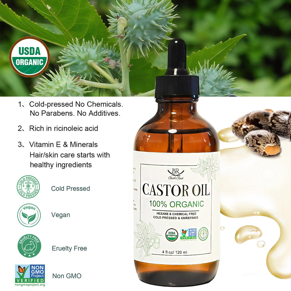 Bathrest cold-pressed hexane-free castor oil signals purity for skin and hair care.