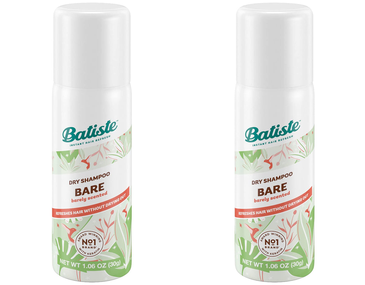 Batiste Bare dry shampoo bottle closeup demonstrates quick refresh.