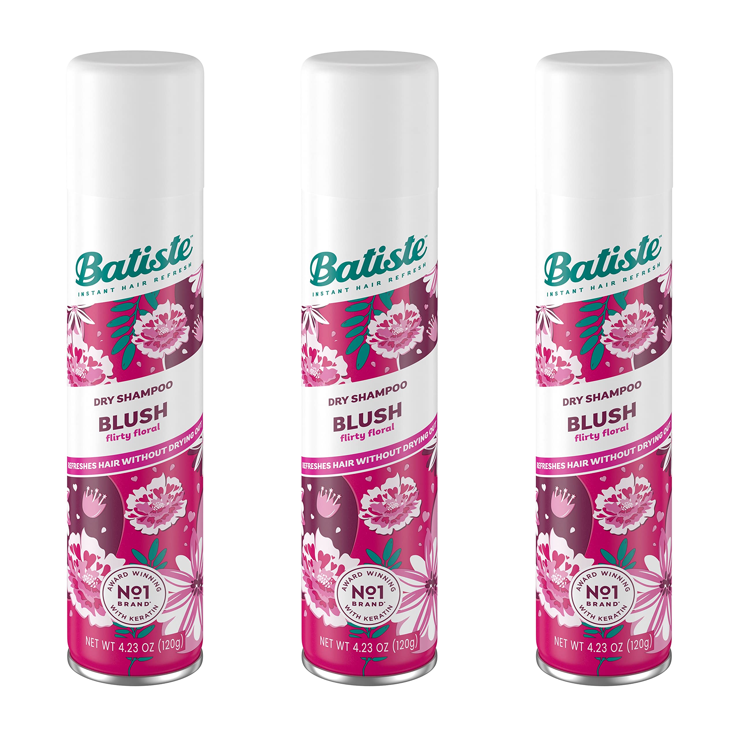 Batiste Blush dry shampoo spray bottle delivers quick root refresh between washes.