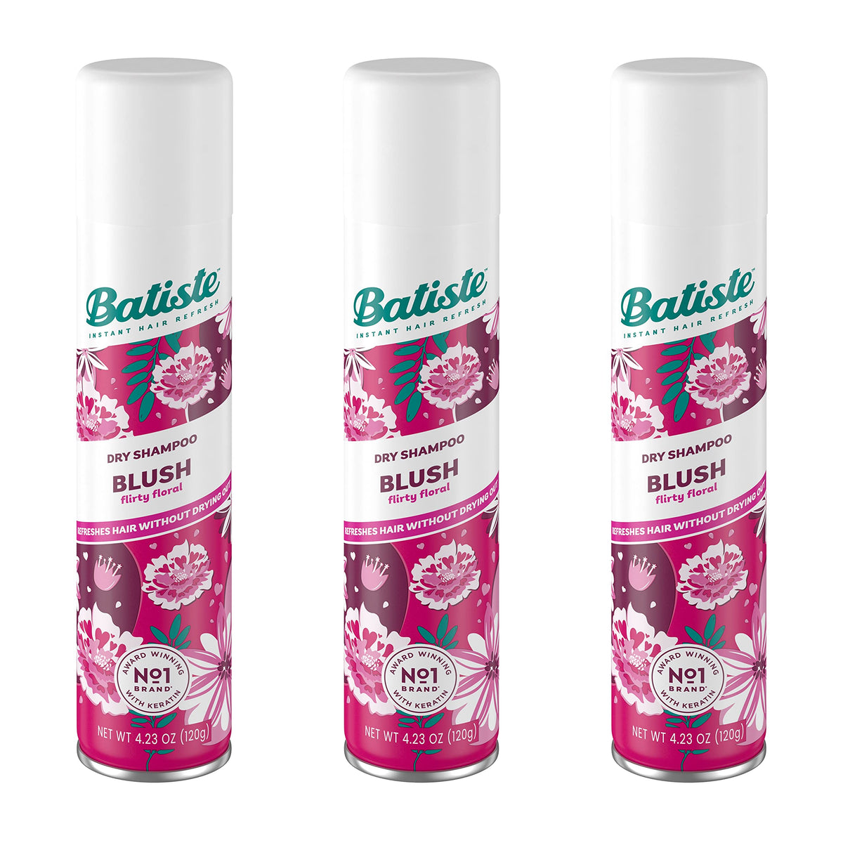 Batiste Blush dry shampoo spray bottle delivers quick root refresh between washes.