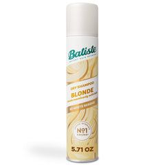 Batiste Brilliant Blonde Dry Shampoo bottle in hand for quick oil absorption and refresh.