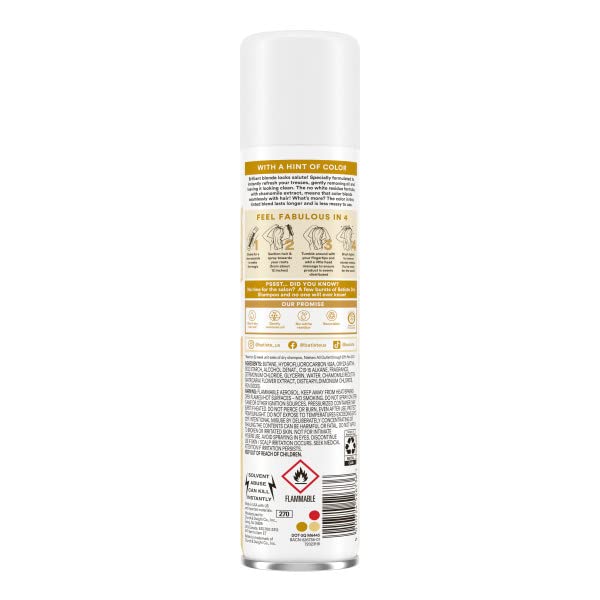 Batiste Brilliant Blonde dry shampoo close-up reveals light, oil-absorbing texture.