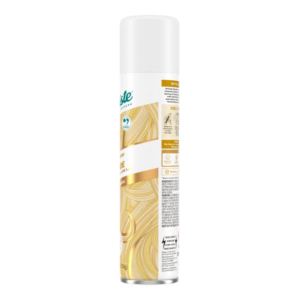 Batiste Brilliant Blonde dry shampoo label shot showcases shade matched for blondes.