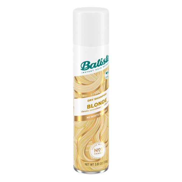 Batiste Brilliant Blonde dry shampoo salon-style finish implied by bottle and hair image.