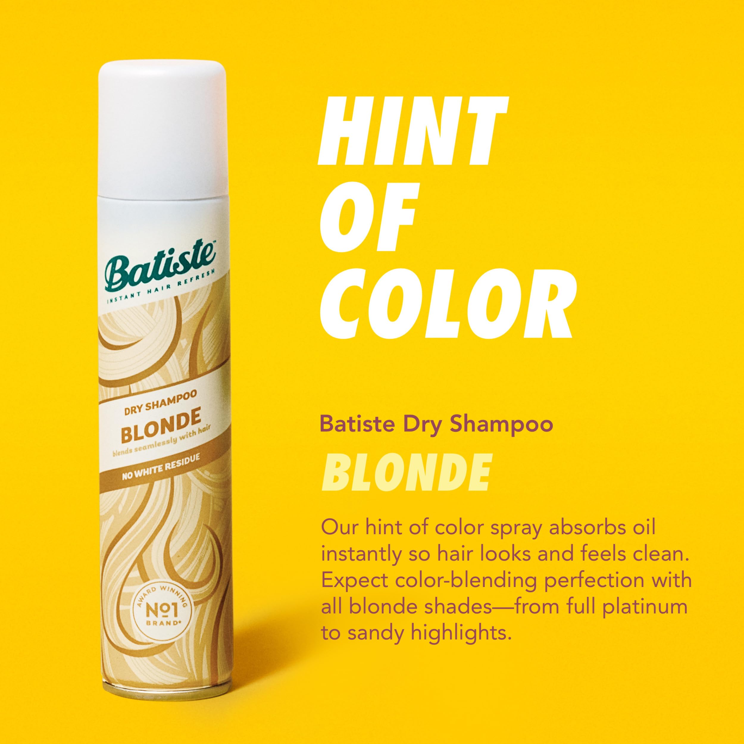 Batiste Brilliant Blonde Dry Shampoo spray shows even application for fast between-wash revitalization.