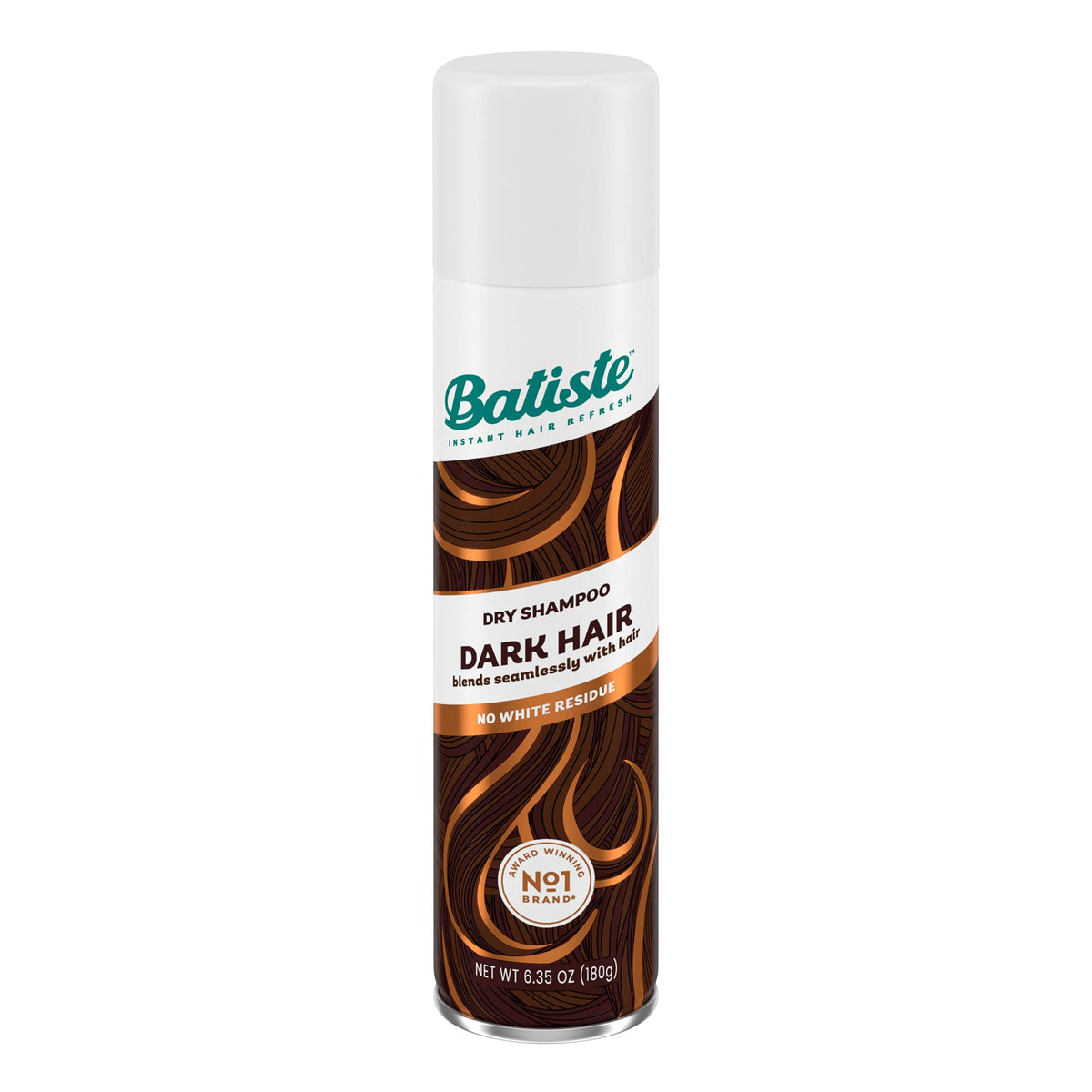 Batiste Dark Dry Shampoo bottle shows 6.35 oz size for quick refresh.