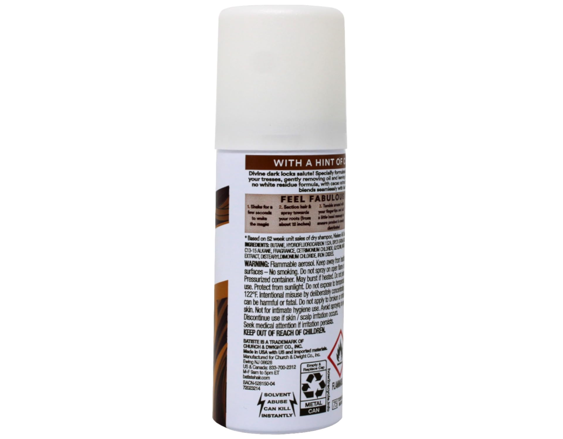 Batiste Dark Dry Shampoo bottle closeup highlights residue-free formula.