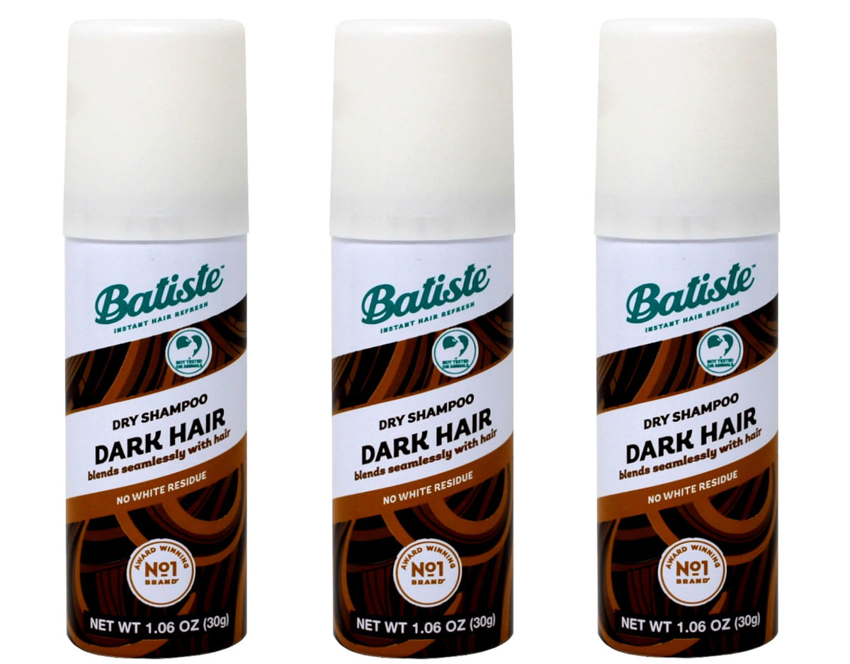 Batiste Dark Dry Shampoo mini pack bottle closeup shows quick root refresh.