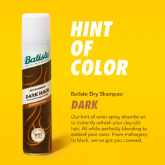 Batiste Dark Dry Shampoo tinted blend matches seamless color for brunettes.