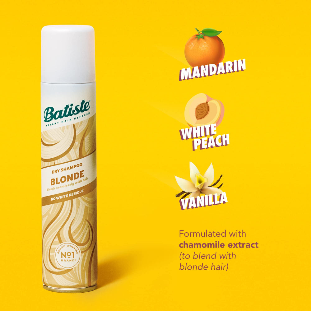 Batiste Dry Shampoo Blonde color tint blends with blonde hair to prevent white residue