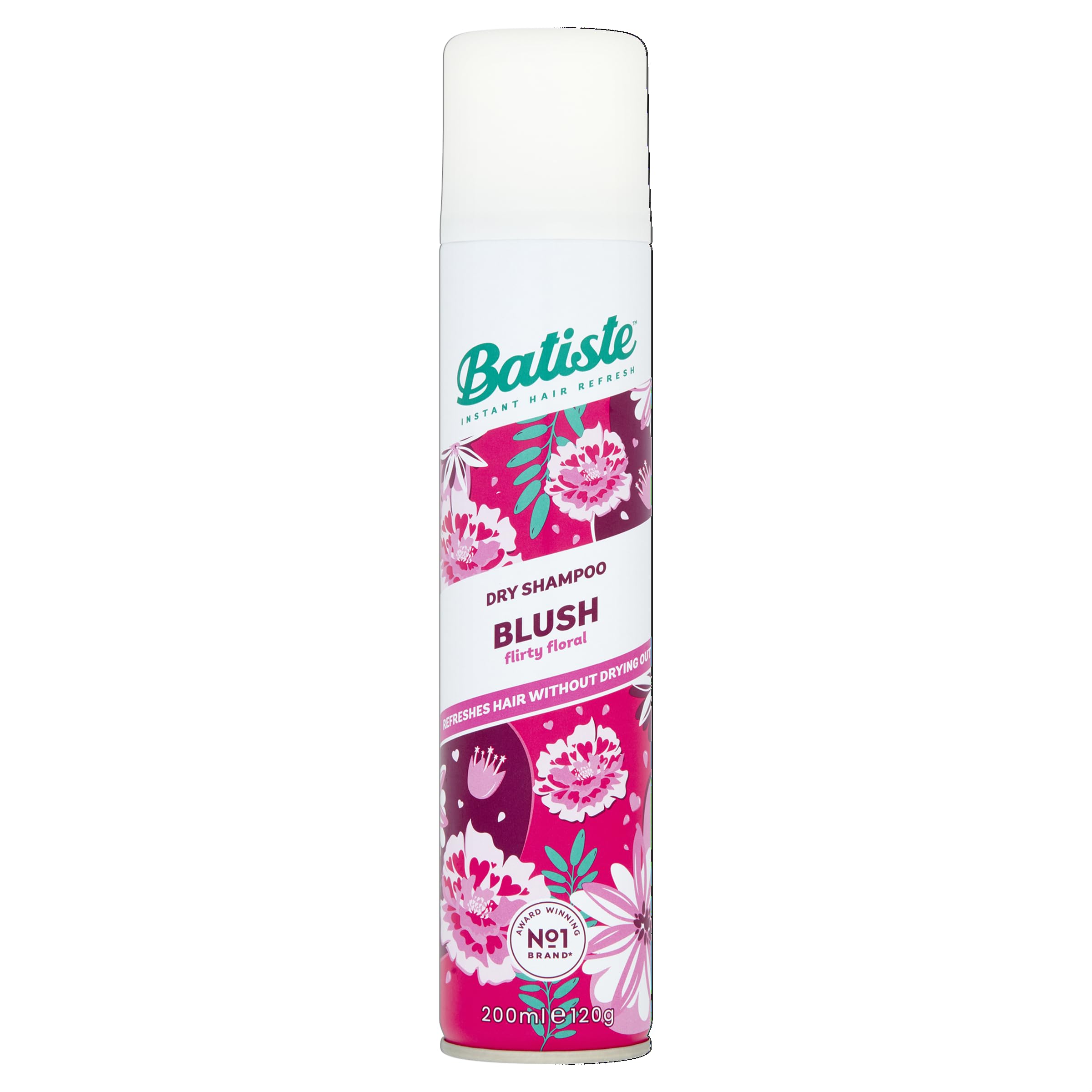 Batiste Dry Shampoo Blush bottle closeup for a quick refresh between washes.