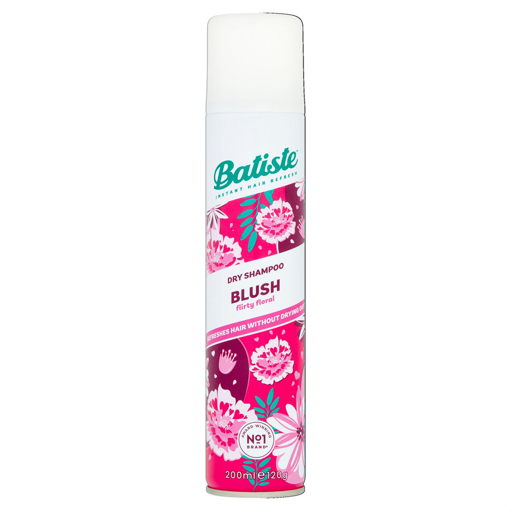 Batiste Dry Shampoo Blush bottle closeup for a quick refresh between washes.