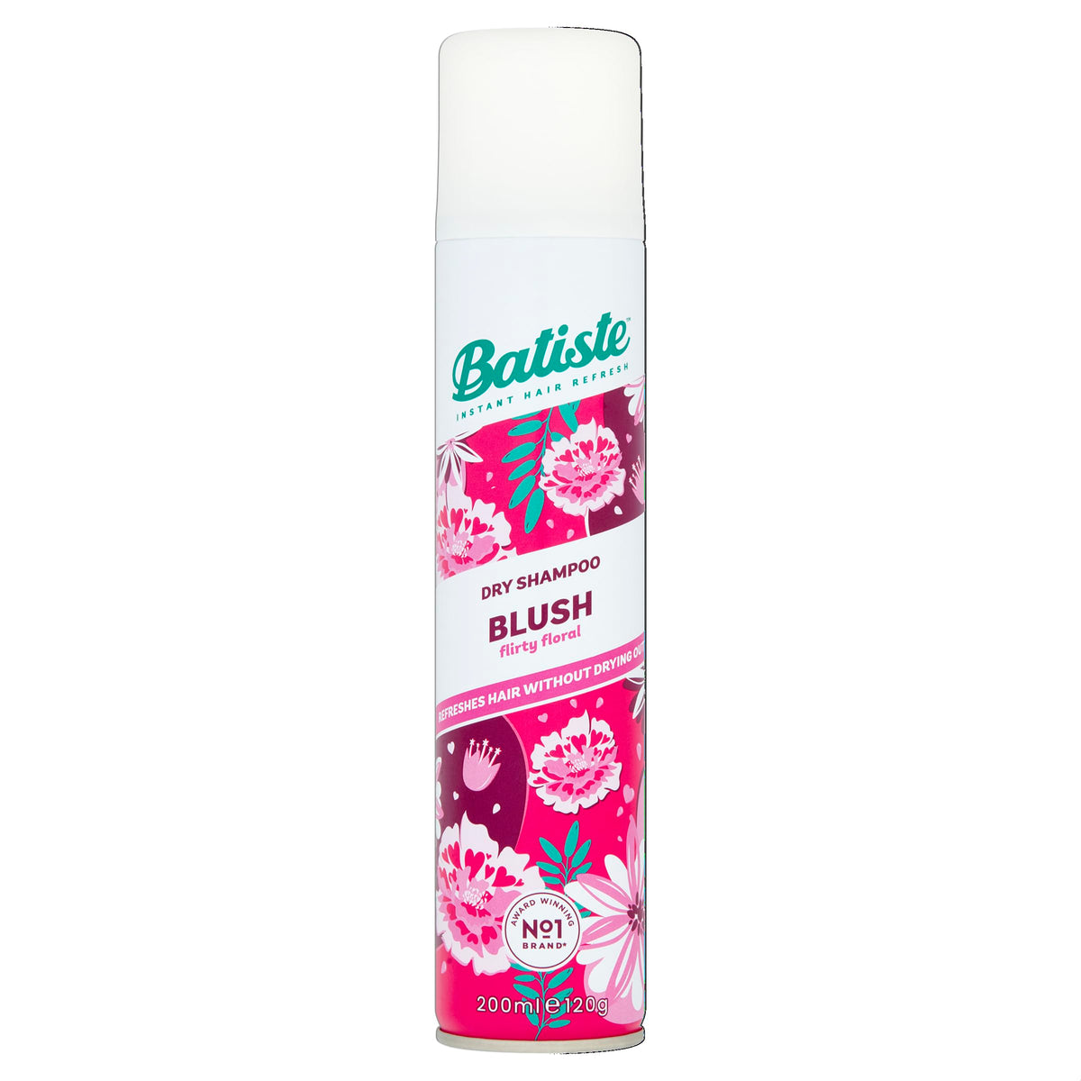 Batiste Dry Shampoo Blush bottle closeup for a quick refresh between washes.