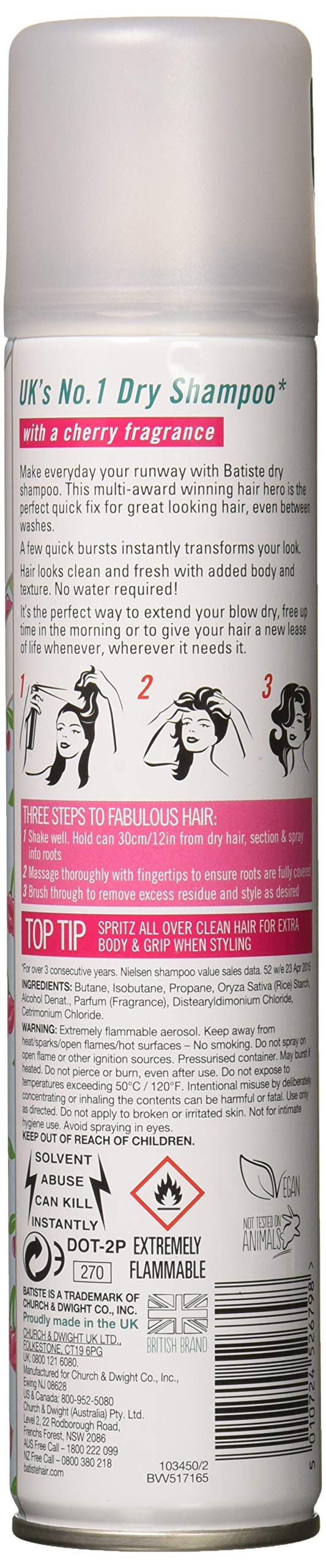 Batiste Dry Shampoo Cherry aerosol can close-up showing oil absorption for refreshed hair.