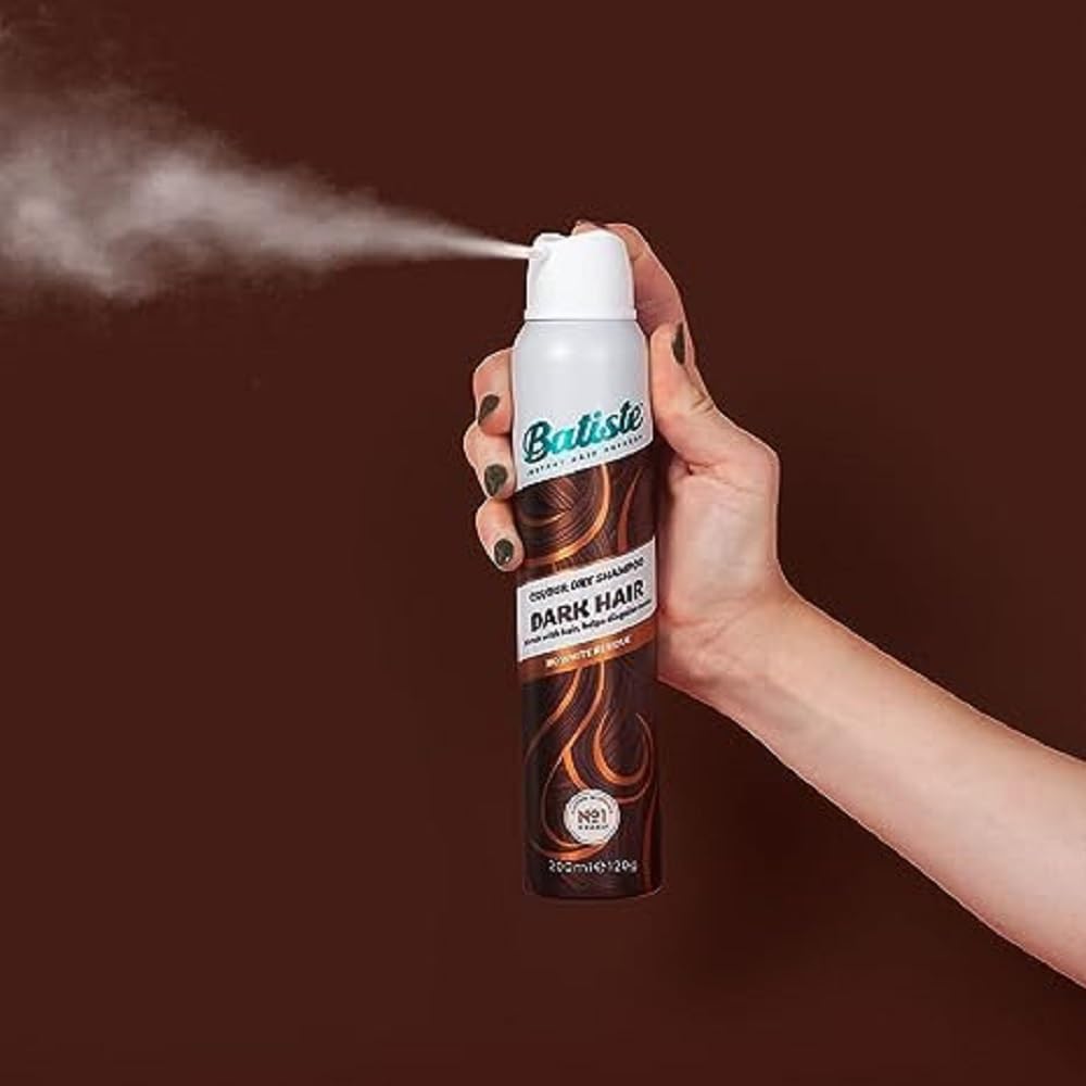 Batiste Dry Shampoo Dark & Deep Brown dispensing nozzle close-up shows quick-dry spray for fast refresh.