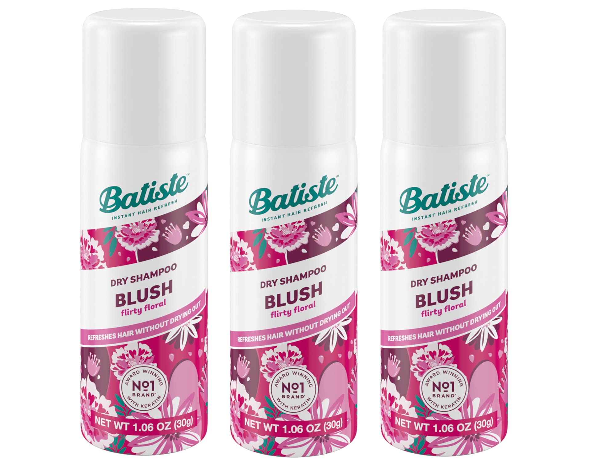 Batiste Floral & Fruity Blush dry shampoo bottle—refreshes roots with a light scent.