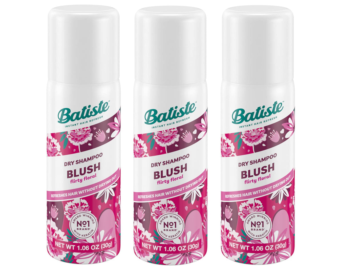 Batiste Floral & Fruity Blush dry shampoo bottle—refreshes roots with a light scent.