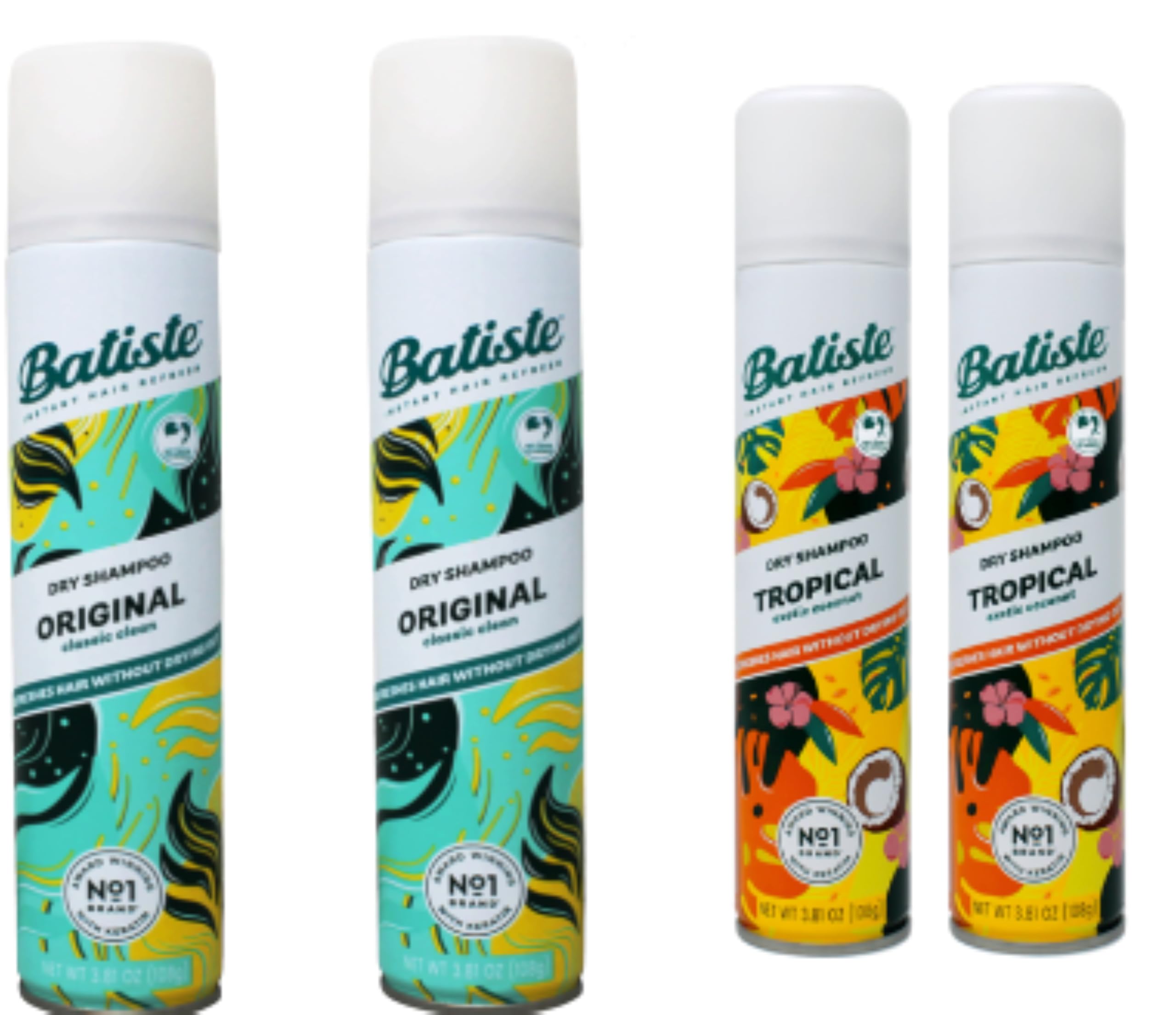 Batiste dry shampoo spray 4-pack close-up of bottles for quick hair refresh and oil absorption