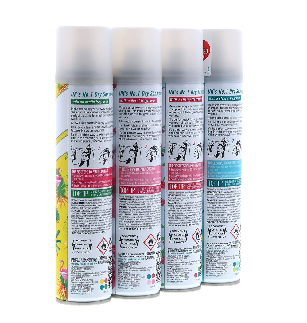 Batiste Dry Shampoo Tropical can with coconut aroma for lightweight lift.