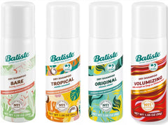 Batiste mini 4-pack with Original, Tropical, Bare, and Volumizing cans for quick refresh and lift