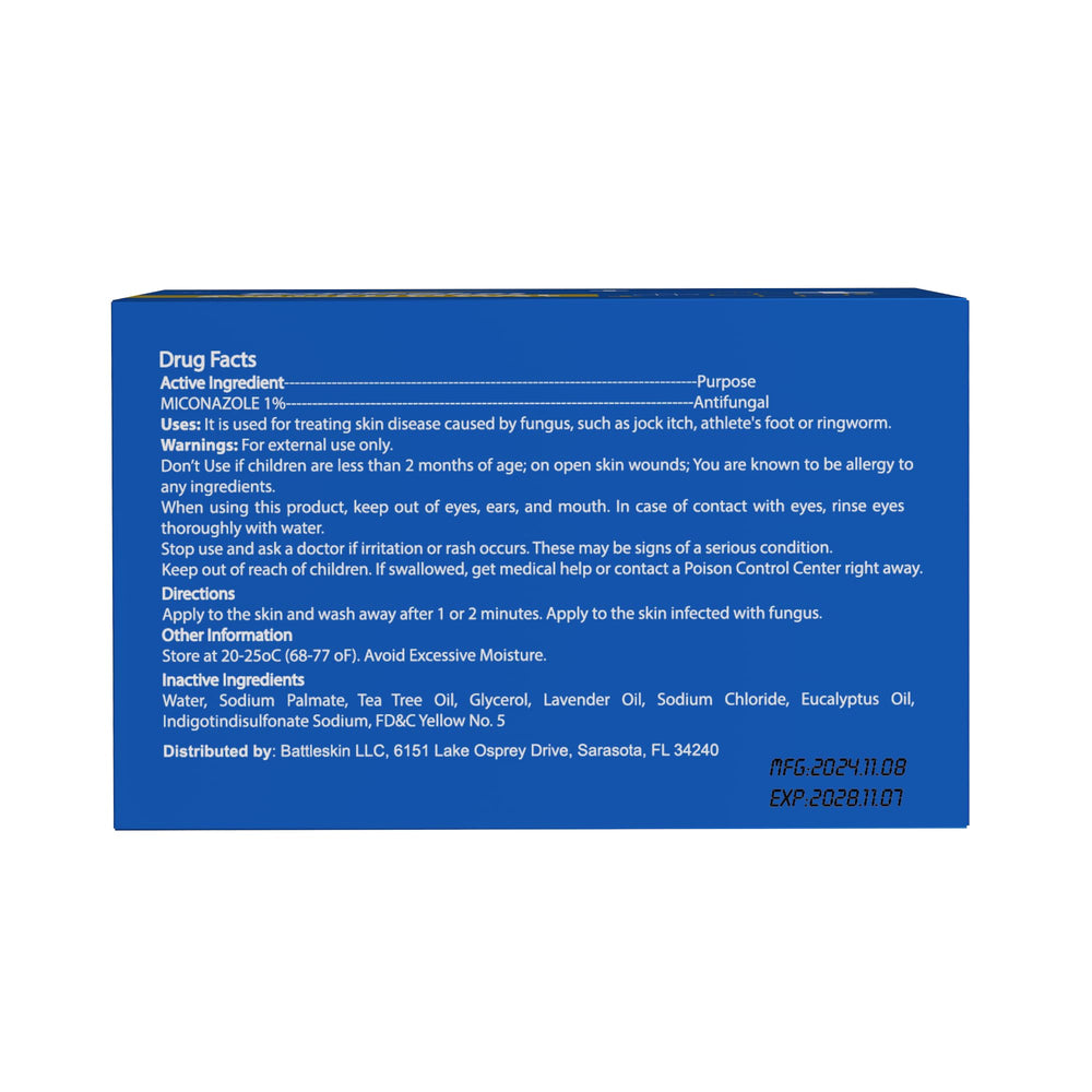 Battleskin antifungal soap-bar-packaging-fragrance-free communicates safe, clean formula.