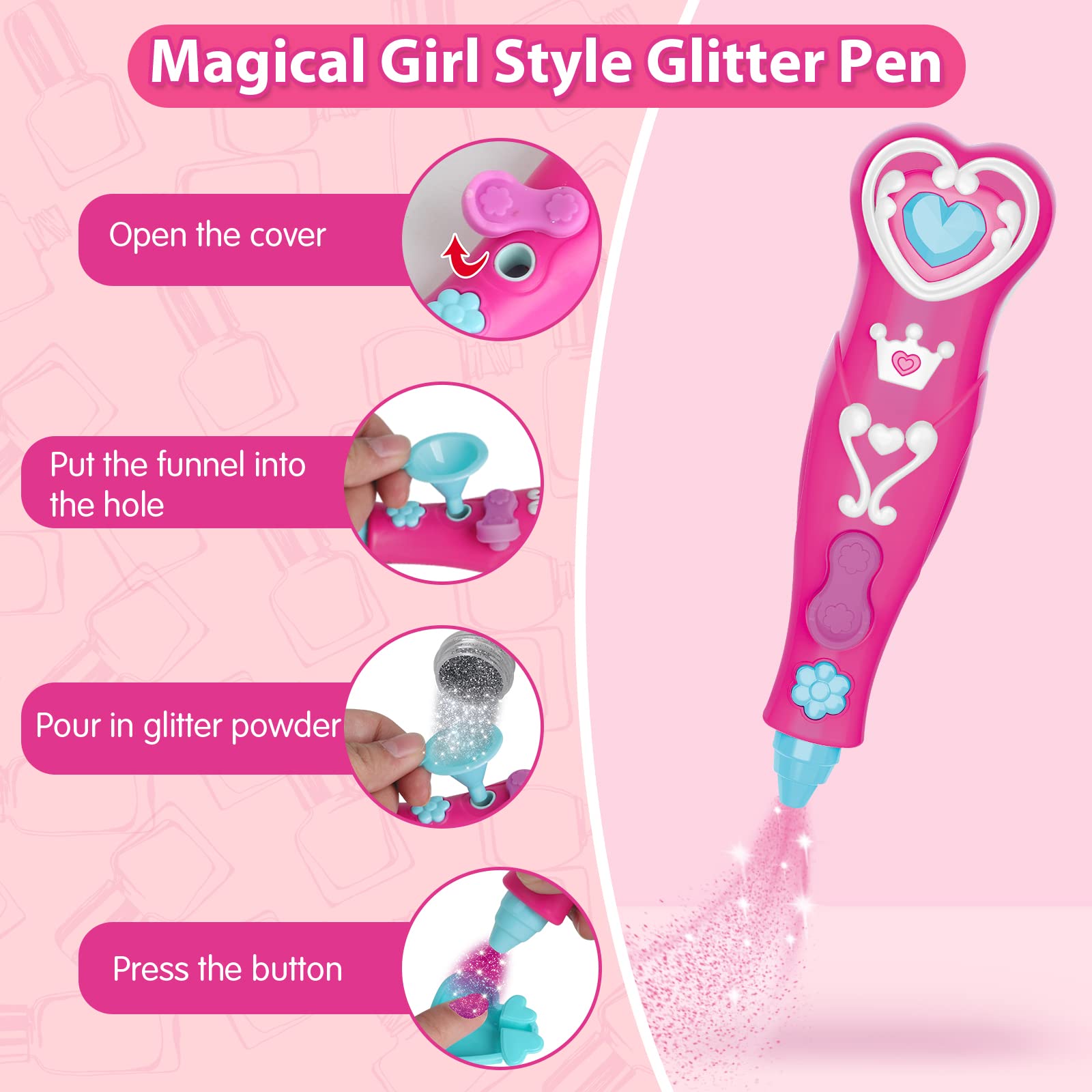 BATTOP glitter pen adds magical sparkle for creative 3D nail art.