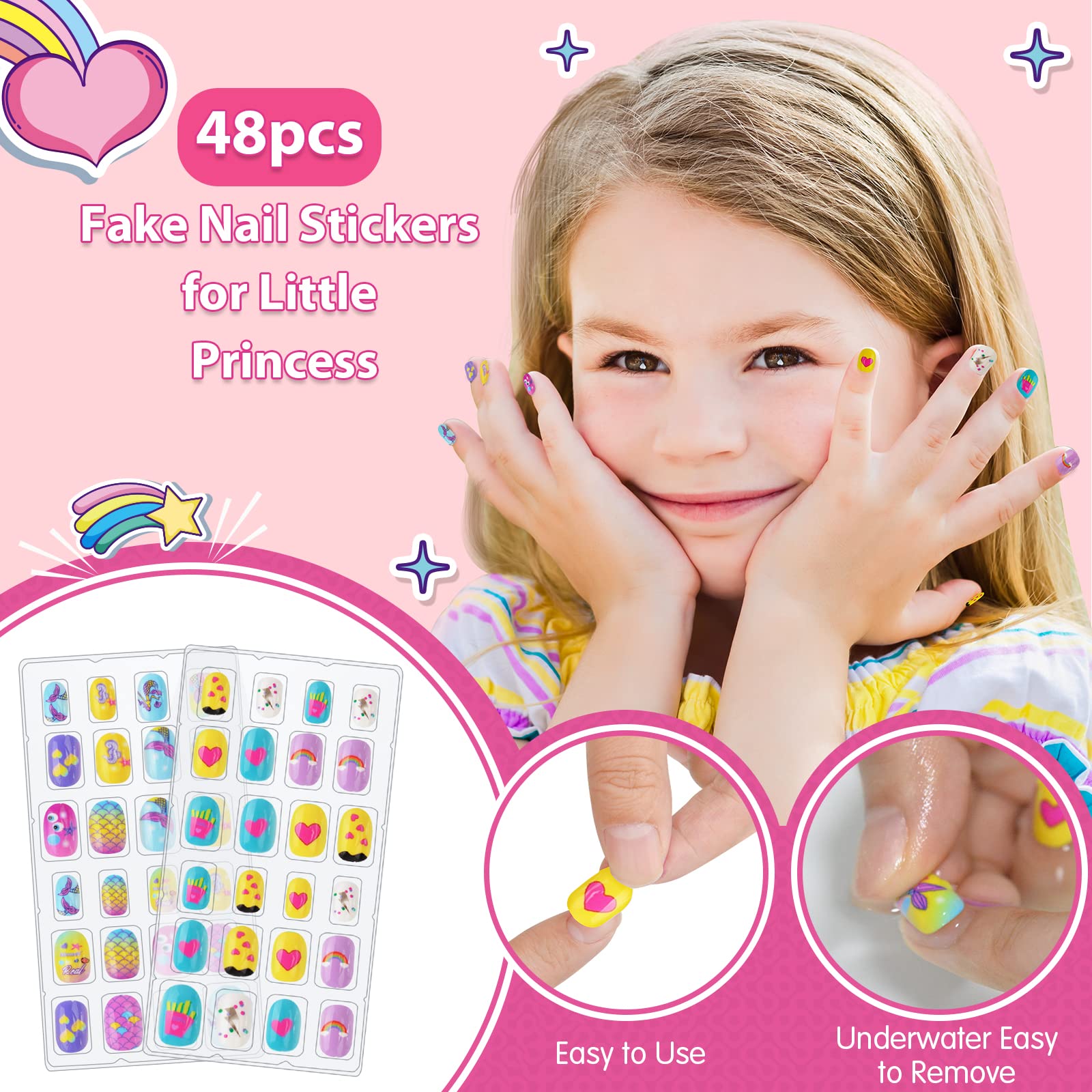 BATTOP kids manicure set with files, stickers, and fake nails for play.